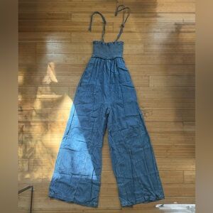 We The Free Light Blue Smocked Denim Wide Leg Romper with Pockets